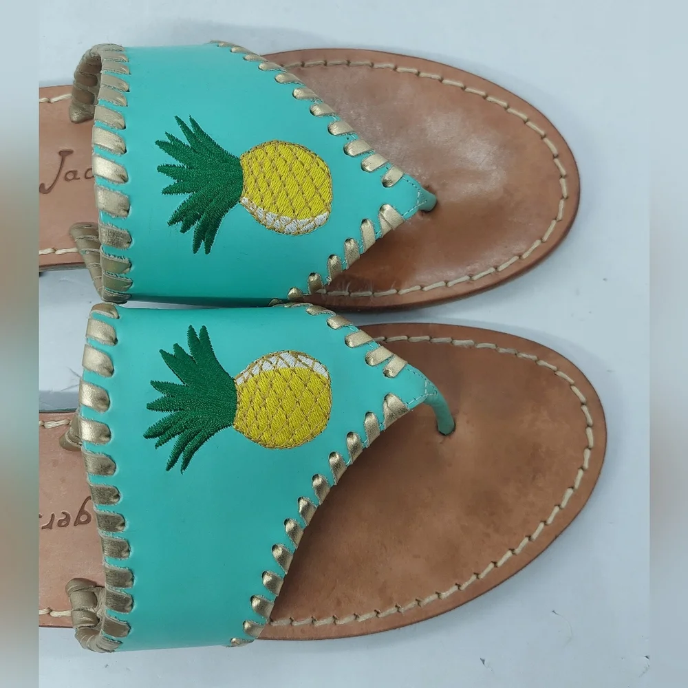 Jack Rogers Sandals Embroidered Pineapple Turquoise Leather Women's Size 9